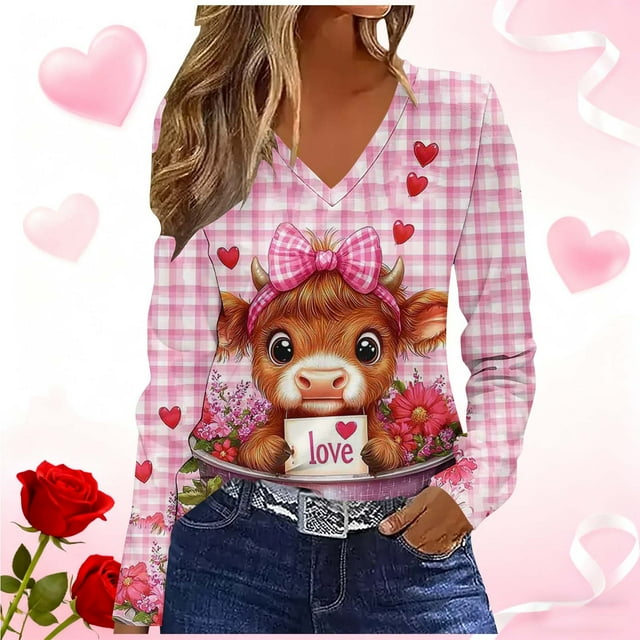 Xuyuer Valentine's day Women Long Sleeve Tops Dressy Casual V Neck Tshirts Basics Tee 2025 Fall Trendy Clothes S-2XL