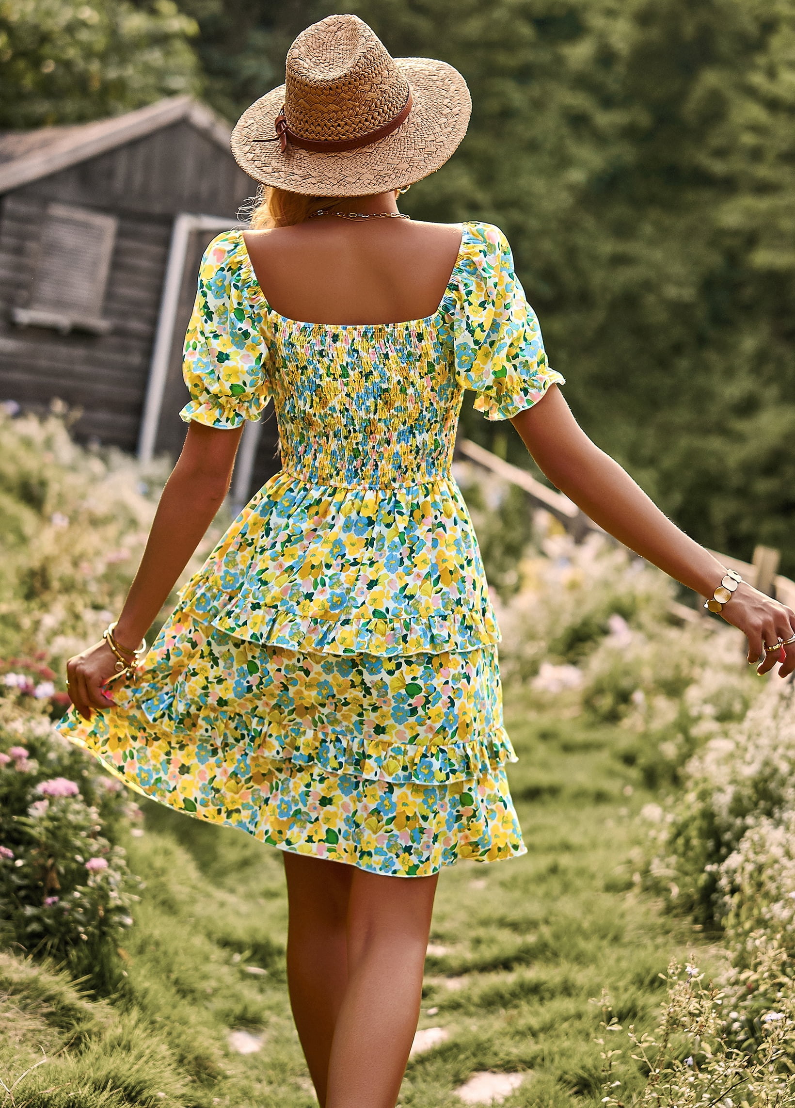 Women's Dresses Casual Summer Print Ruffle A Line Short Sleeve Mini Floral Dress for Women