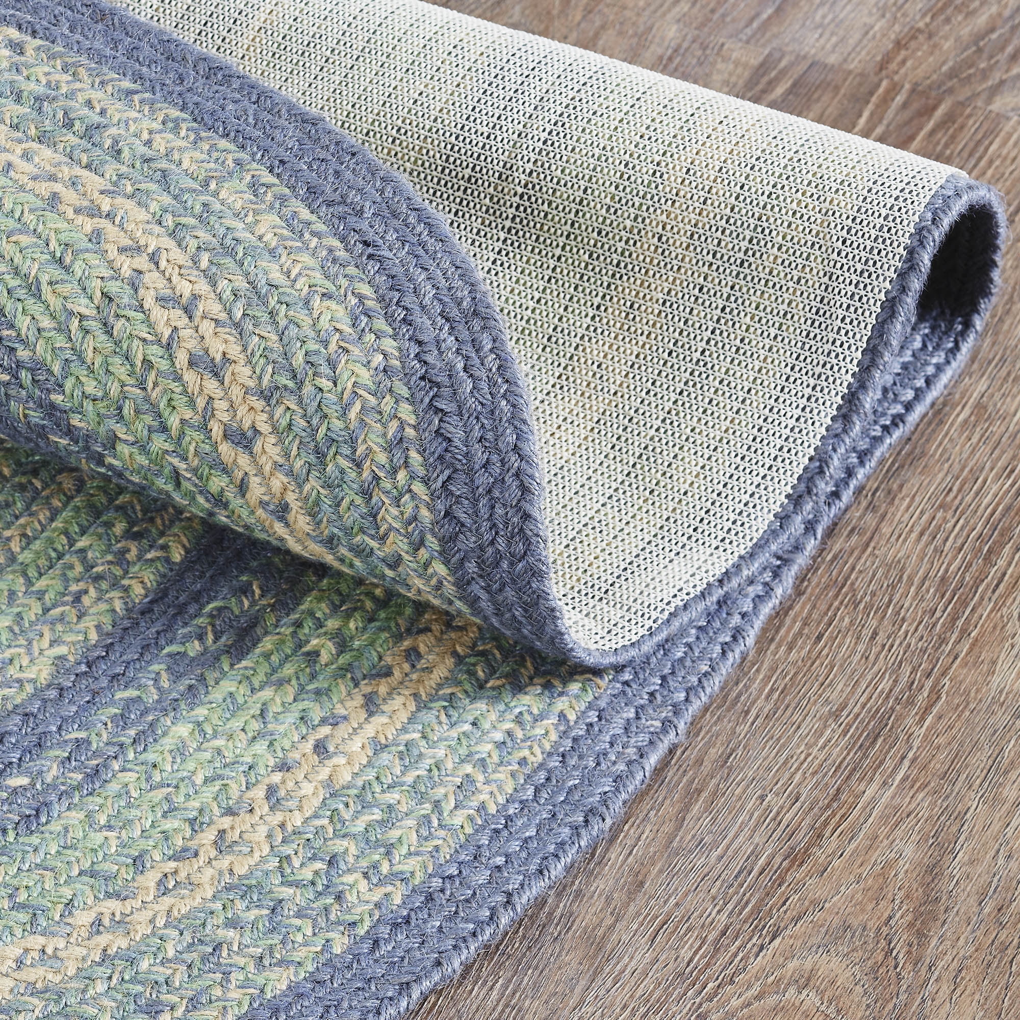 VHC Brands Jolie Farmhouse 27"x48" Accent Rug Blue Textured Jute Striped Pad Oval Floor Decor