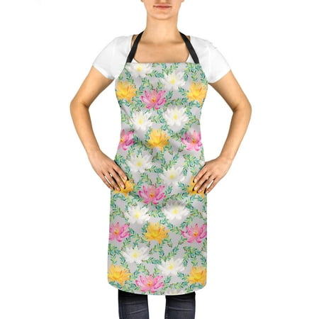 

S4Sassy Grey Leaves & Water Lily Floral Womenâ€™s Adjustable Long Ties Apron Kitchen Cooking Bib-24 x 32 Inches