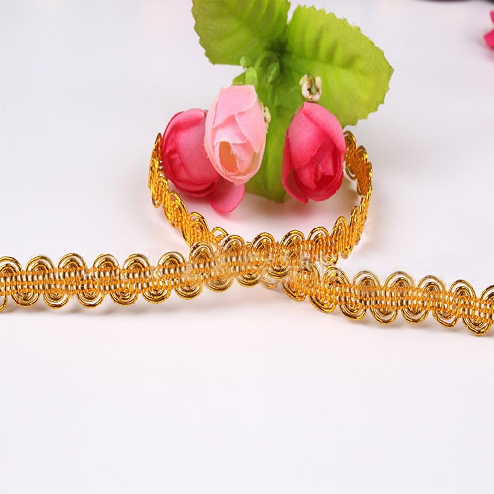140 Yards 3/8 Inch Metallic Braid Lace Trim Gold Polyester Upholstery Ribbon Wave Pattern Scroll Decorated Gimp Woven Trimming for Jewelry Making Sewing Wedding Garment Accessories Goldenrod