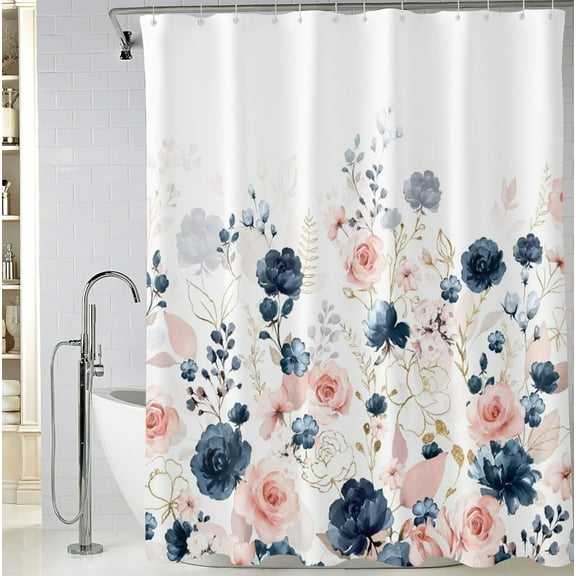 Navy Blue and Pink Floral Shower Curtain, Waterproof Fabric Watercolor Flowers Bathroom Shower Curtain with 12 Hooks, 72 x 72 Inch