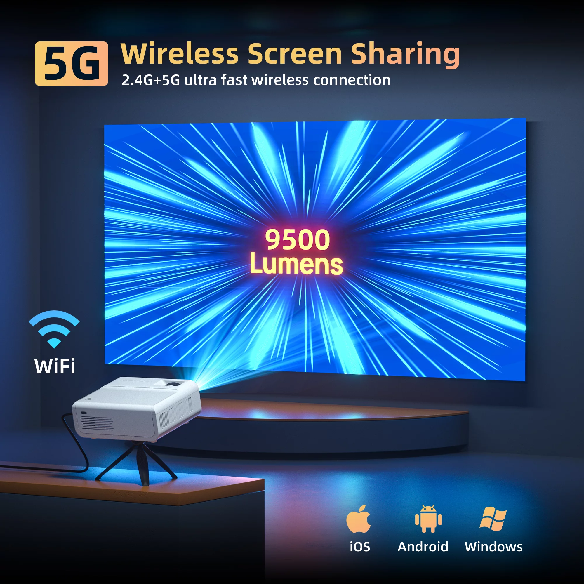 Mini Projector with 5G WiFi and Bluetooth 5.1, 9500 Lumens & 1080P 