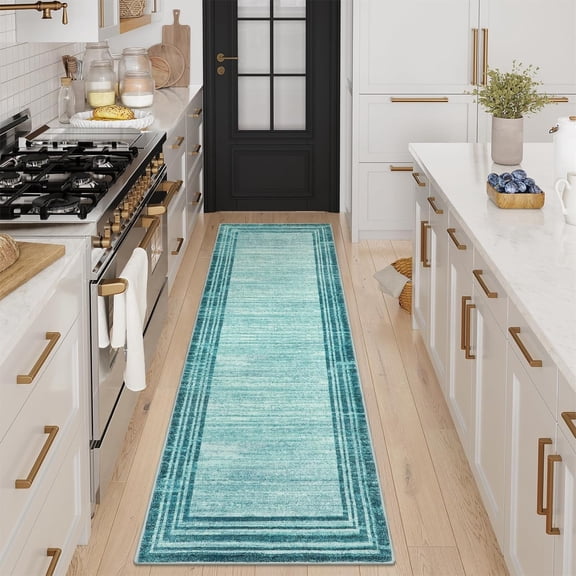 Abstract Runner Rug, Teal 2.5x8 Runners for Hallways Washable Non-Slip Kitchen Rug Runner, Low-Pile Soft Entryway Runner Rug Minimalist Solid Indoor Carpet Runner for Bedroom Laundry Bathroom