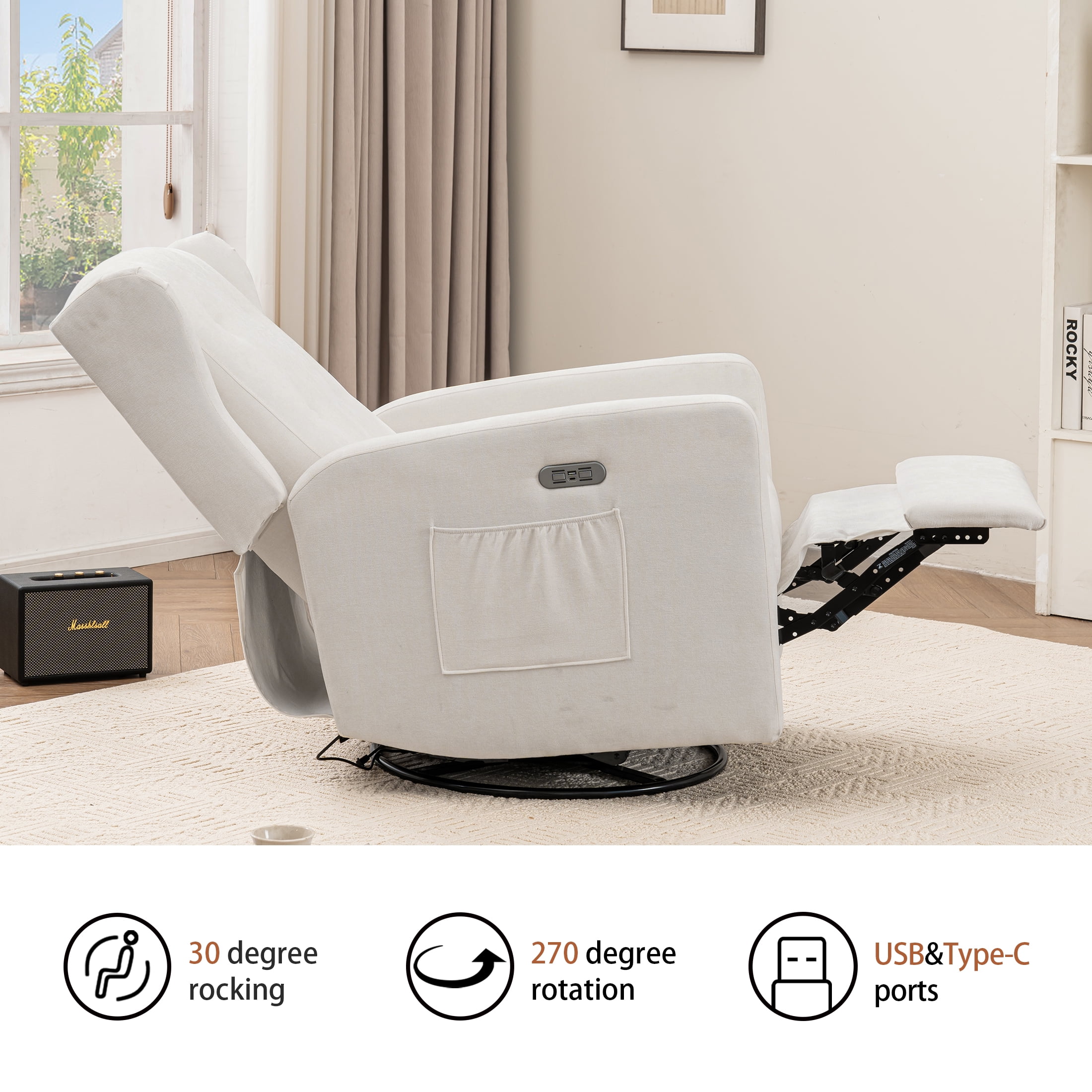 Power Swivel Rocking Recliner Chair, Electric Rocker Nursery Glider Chair, USB and Type-C Ports, Upholstered Fabric Reclining Single Sofa Chair for Living Room (Beige)