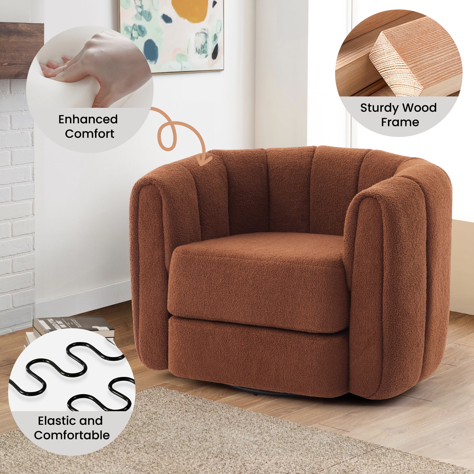 Aukfa 37" Swivel Accent Chair Pumpkin Armchair for Living Room, Bedroom, Teddy Fabric, Brown