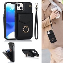 Feishell Compatible for iPhone 13 Wallet Case with Detachable Wrist Strap Handbag RFID Blocking Shield Protective Case, Card Slots Magnetic Kickstand Finger Ring Holder Shockproof Cover,Black