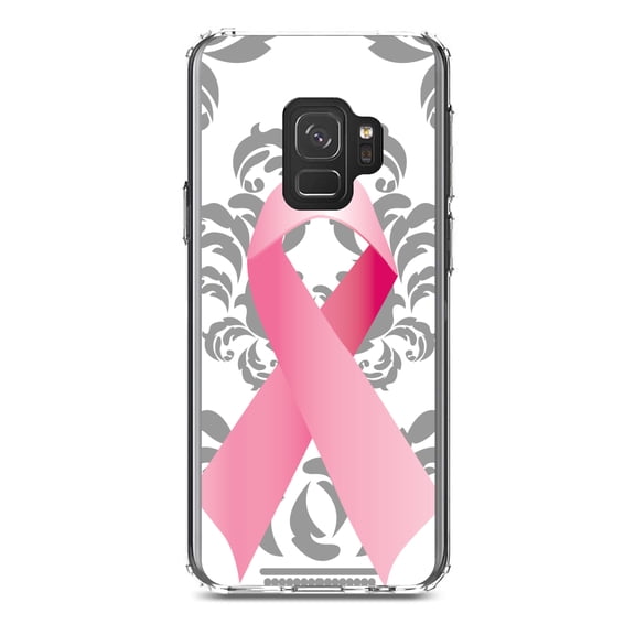 DistinctInk Clear Shockproof Hybrid Case for Samsung Galaxy S9 (5.8" Screen) - TPU Bumper, Acrylic Back, Tempered Glass Screen Protector - Grey Damask Pink Ribbon - Breast Cancer Awareness