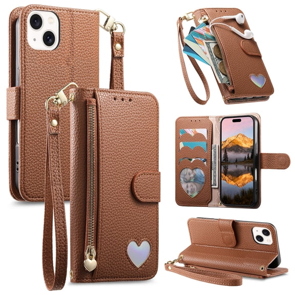 Wallet Case for iPhone 14 with Credit Card Holder & Wrist Hand Strap & Zipper Pocket, Magnetic Clasp PU Leather Shockproof Flip Kickstand Protective Cover for iPhone 14, Brown