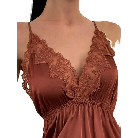 

Womens Nightgowns Sleepdress Contrast Lace Non-Stretch Sleepshirts Brown L