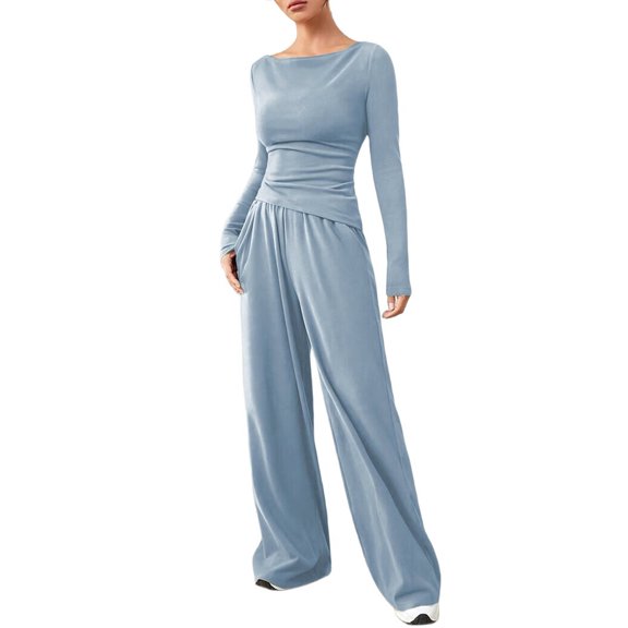 Women'S 2 Piece Matching Lounge Set Long Sleeve Boat Neck Top Wide Leg Pants Casual Sweatsuit Light Blue S