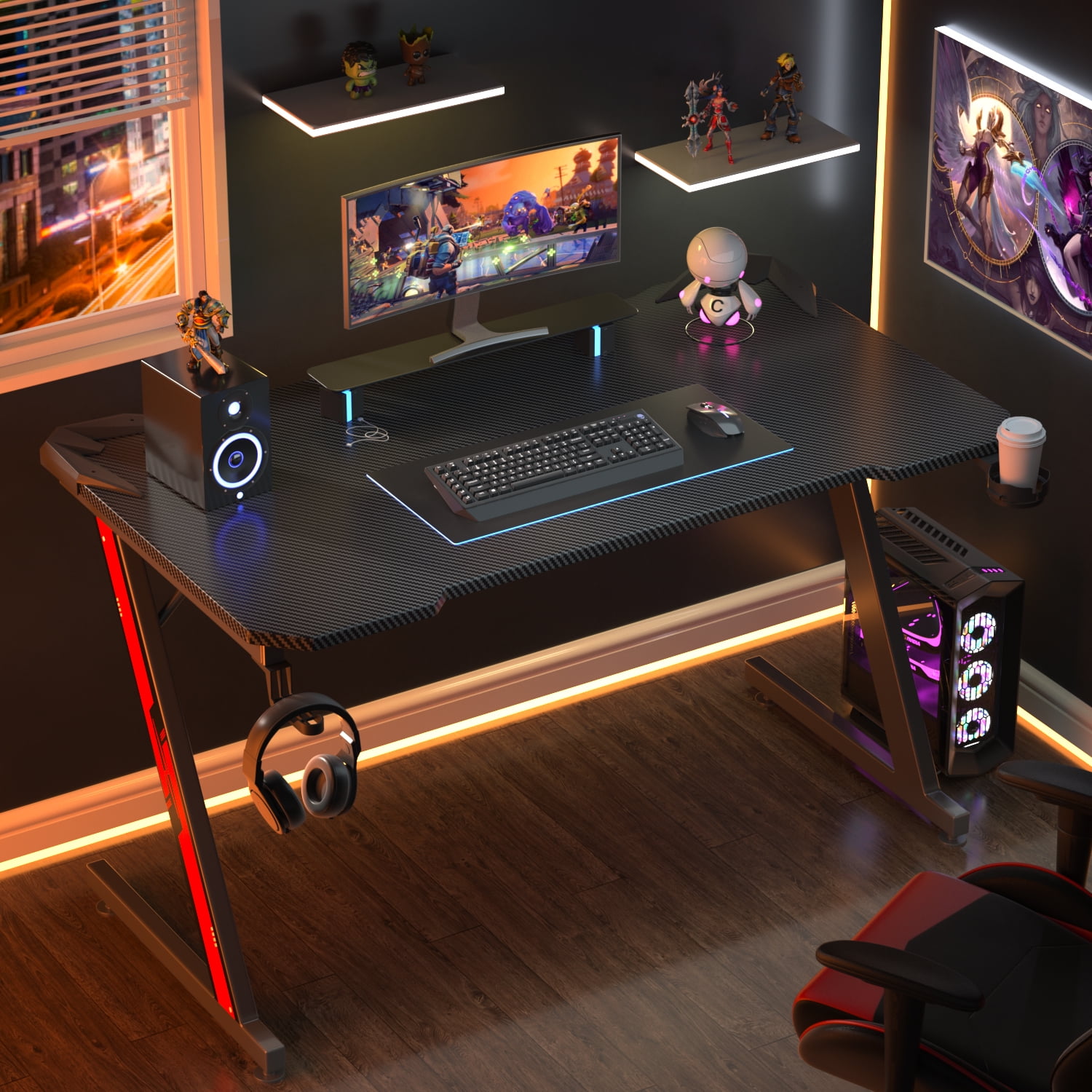 Homall 44' Z-Shaped Computer Gamer Desk, Carbon Fiber Surface, Cup