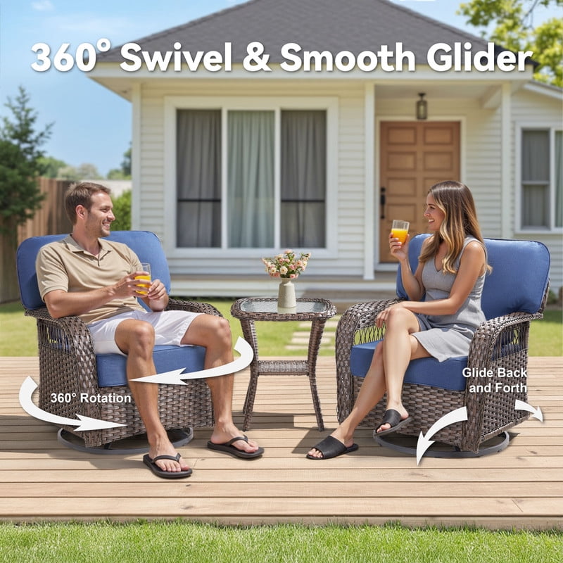 6 Piece Outdoor Wicker Furniture Sets,Patio All Weather Cushioned Conversation Sets with Swivel Rokcing Chairs, Ottomans and Sie Table for Backyard Porch Garden,Blue