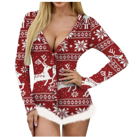 

JeashCHAT Babydoll Lingerie for Women ’s Christmas Not Positioned Print V-neck Feather Detail Long Sleeve Sexy Bodysuit Sexy Lingerie Pajamas