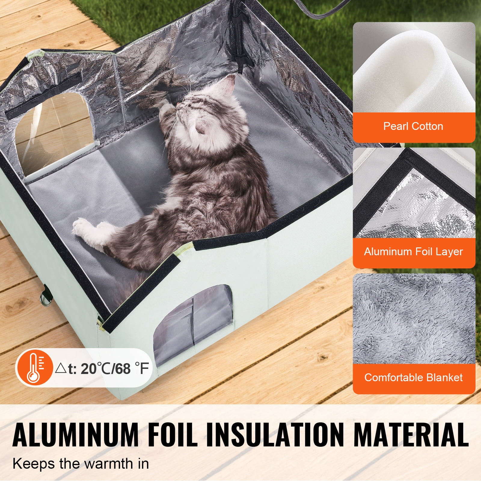 KFFKFF Heated Cat Shelter, Outdoor Pet House with Adjustable Temperature and Timer, Durable 600D Oxford Fabric Foldable Design with Heated Pad for Winter Warmth and Comfort, Green (Large)