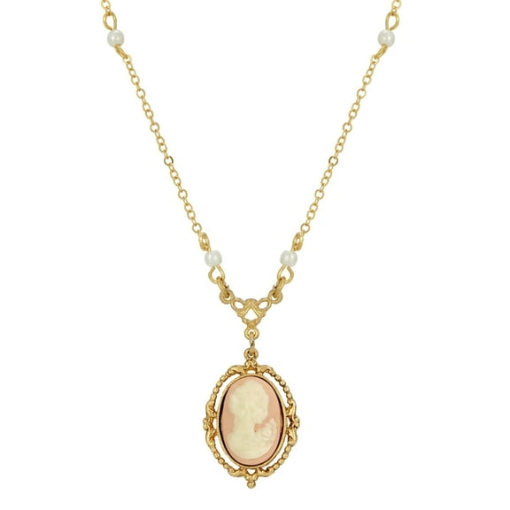 1928 Jewelry Women's Gold Tone Light Pink Oval Cameo Faux Pearl Pendant Necklace 16"   3" Extender