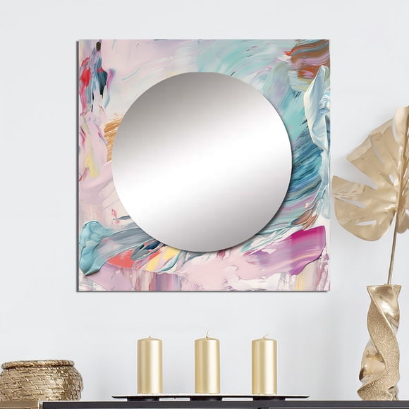 Designart "Vernal Wonders In Gentle Vintage Pastels" Abstract Painting Square Mirror Wall Decor Modern - Large Pink Square Bathroom Mirror - Square Printed Wall Mirror Art