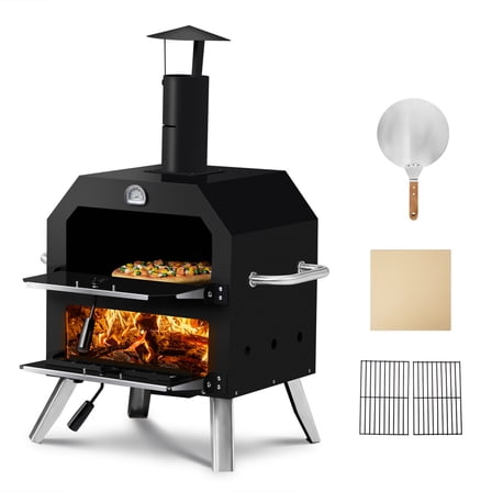 2-Tier Pizza Oven Outdoor, Wood Pellet Fired Pizza Oven with 12" Pizza Stone & Waterproof Cover, Portable Stainless Steel Grill Pizza Maker for Outside Backyard Party