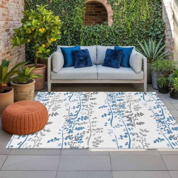 Outdoor Rug 3x5 ft Sky Blue Leaf Outdoor Large Area Rug Non Slip Rubber Grey Leaves Branches Front Door Mat RV Rug Camping Carpet Patio Outdoor Rugs for Backyard Balcony Deck Porch Indoor