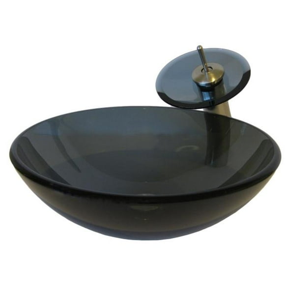 Nera Clear Black Glass Vessel Sink with Matching Brushed Nickel Faucet, Drain and Mounting Ring