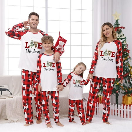 

Guvpev Women Christmas Parent-Child Suit Round Neck Long Sleeve Plaid Christmas Homewear Suit
