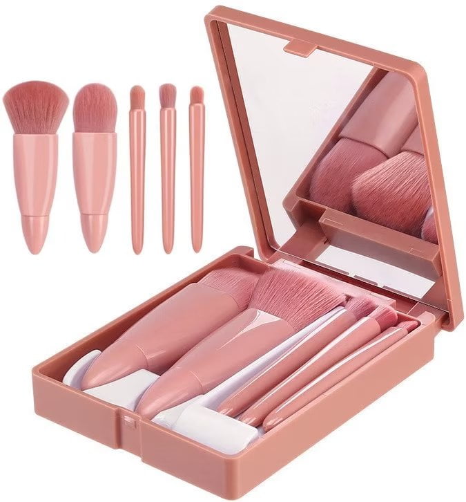 Wisdom Easy-taken Travel Makeup Brush Set 5 Mini Full Set Easy to Take Function Makeup Brush Foundation Set Eye Shadow Brush Loose Powder with Mirror,Pink
