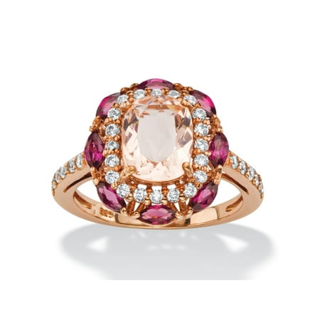 Cocktail Glass Ring 1.01 TCW Cushion-Cut Peach Glass, Rose Rhodolite and CZ Scalloped Halo Cocktail Ring in Rose Gold-Plated Sterling Silver ()