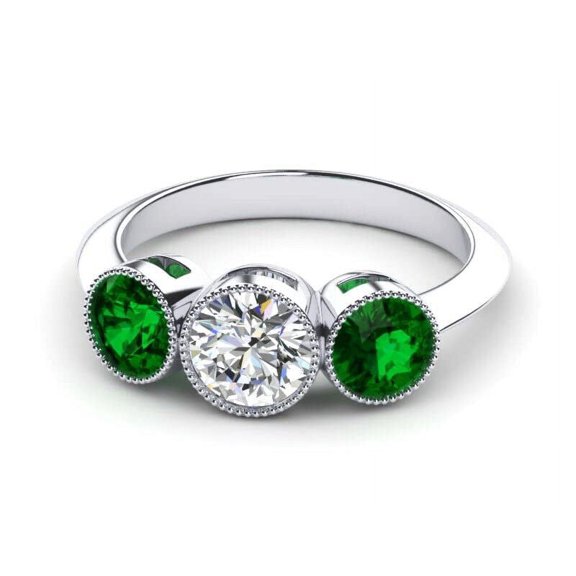HeartsAndYou 2ct Round Cut Moissanite Emerald Accent 3 Stone Engagement Ring for Women 18k White Gold over Silver Stylish