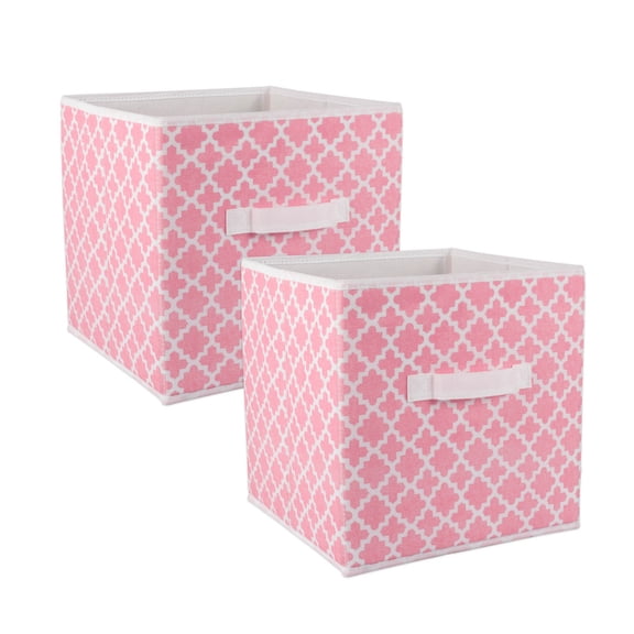 Contemporary Home Living Set of 2 Pink Sorbet and White Nonwoven Polyester Cube Storage Bin with