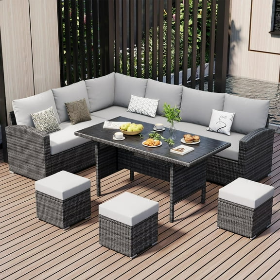Patio Furniture Set, 7 Pieces Outdoor Sectional Sofa Set with Dining Table & Thickened Cushions, All-Weather PE Wicker Patio Furniture for Garden Lawn Deck