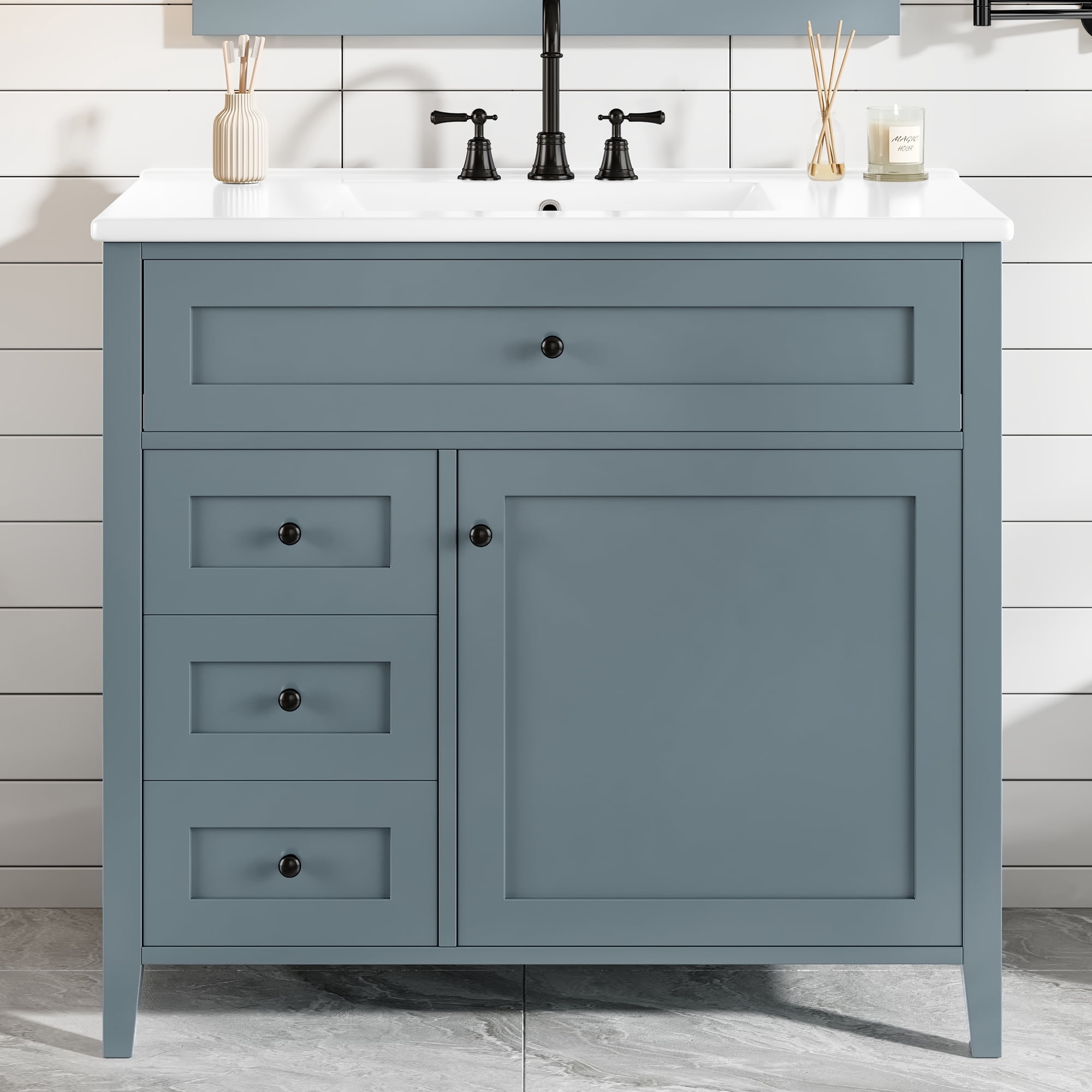 Euroco 36-Inch Blue Gray Bathroom Vanity with Sink, Modern MDF and Rubberwood Cabinet with 3 Drawers and Adjustable Shelf, Freestanding Vanity for Bathroom Storage and Organization