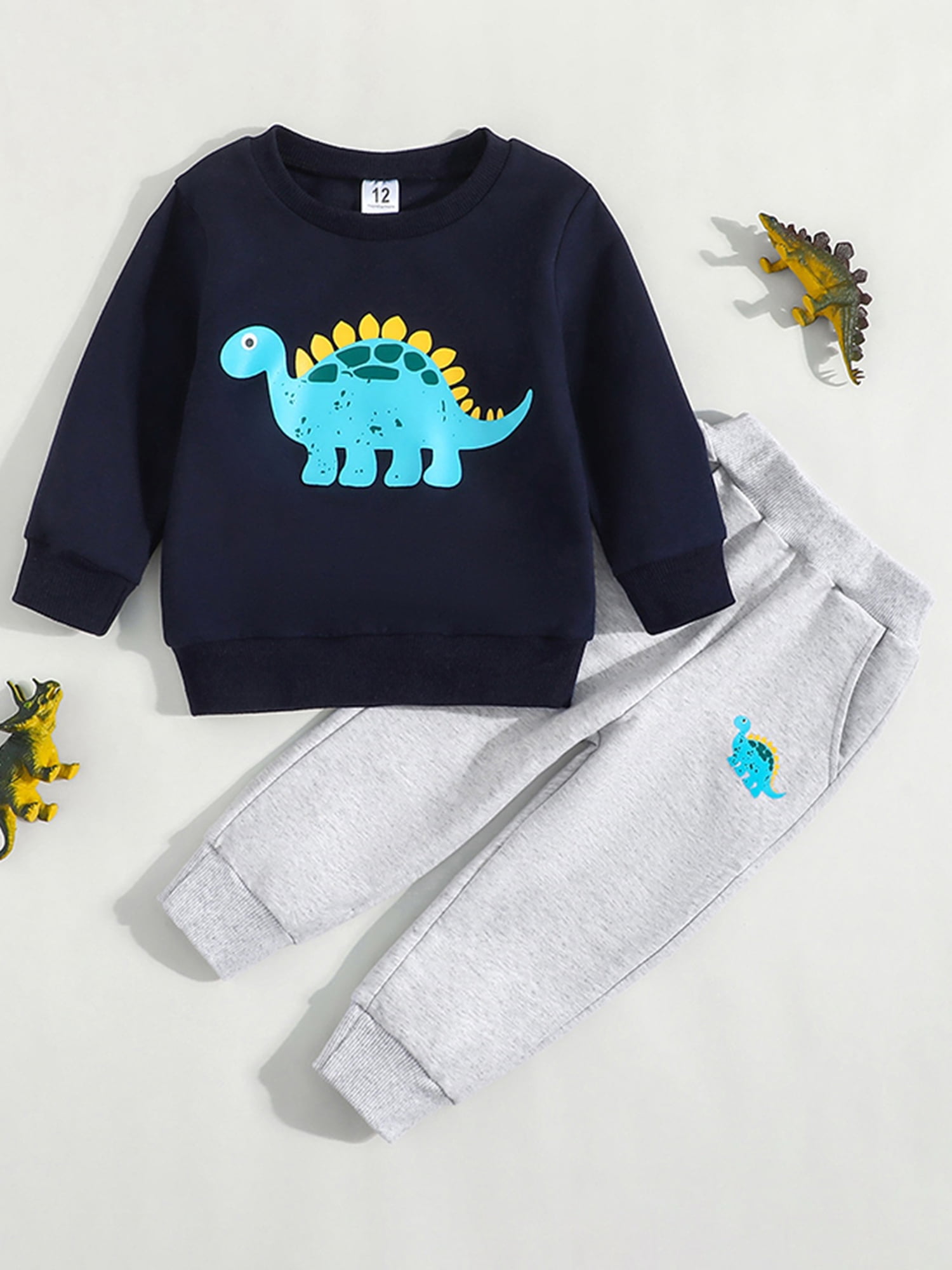 2pcs Toddler Boy Letter Dinosaur Print Pullover Sweatshirt and Spike Design Pants Set