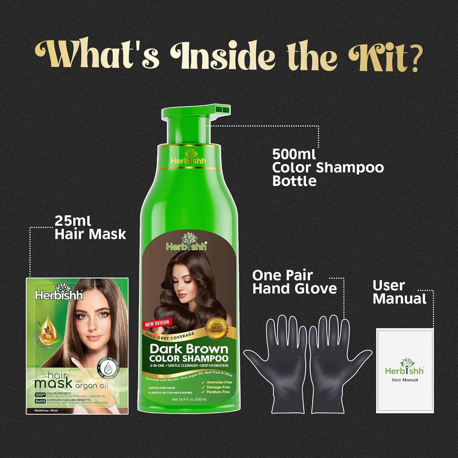 Herbishh Dark Brown Hair Color Shampoo for Gray Hair, Hair Dye Shampoo 3 in 1, 100% Gray Coverage,  Easy Application Shampoo Para Canas, Permanent Hair Color for Men & Women, Ammonia-free, 500 ml