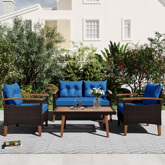 Topcobe Patio Seating Set with Cushions, 4-Piece Garden Furniture, Blue