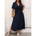 thumbnail image 3 of Plus Size Womens Navy Blue Solid V-Neck Wrap Short Sleeve Maxi Dress, 3 of 6