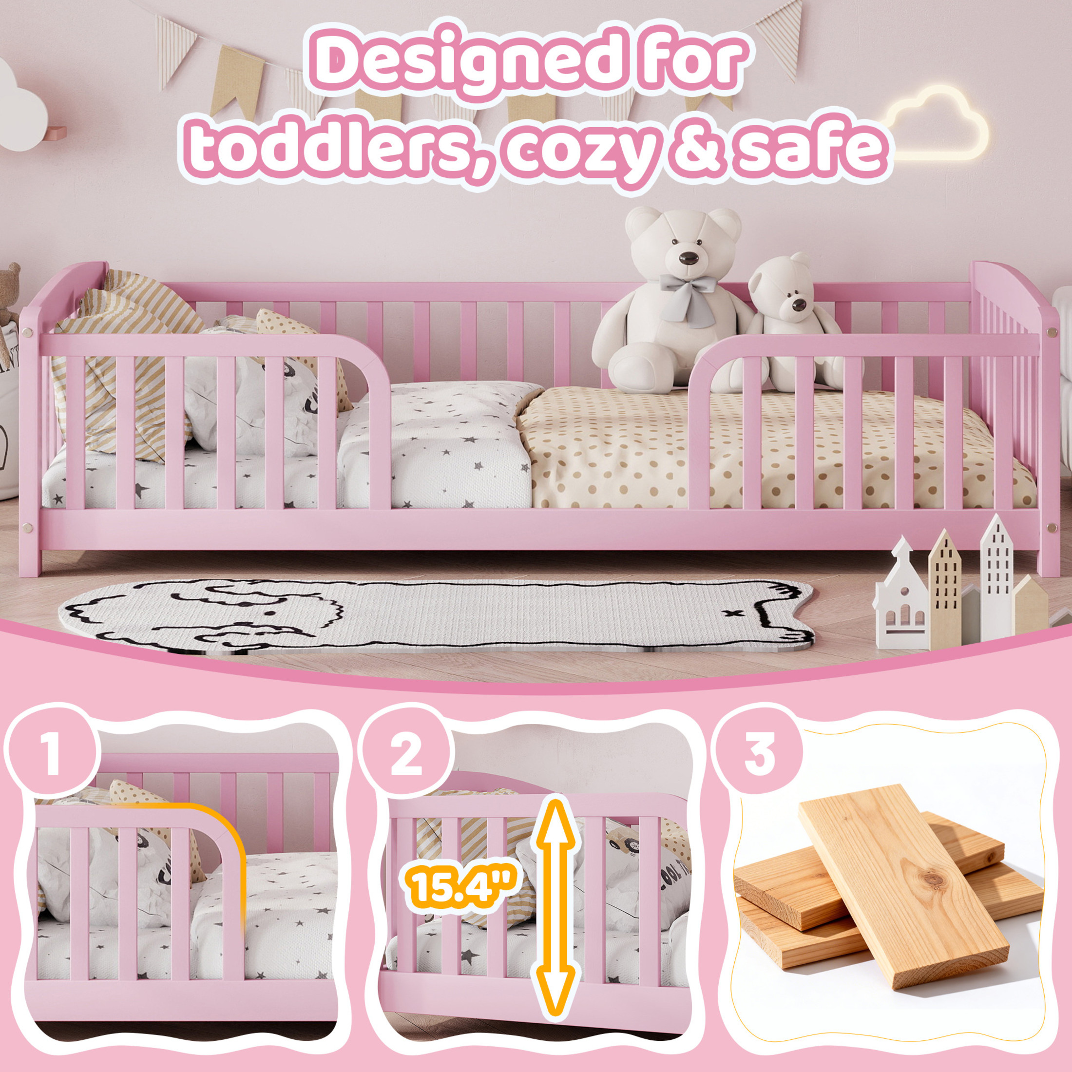 Noble House Norva Twin Size Floor Bed with Central Curved Entrance Guardrails, Pine Wood Bed Frame, Pink