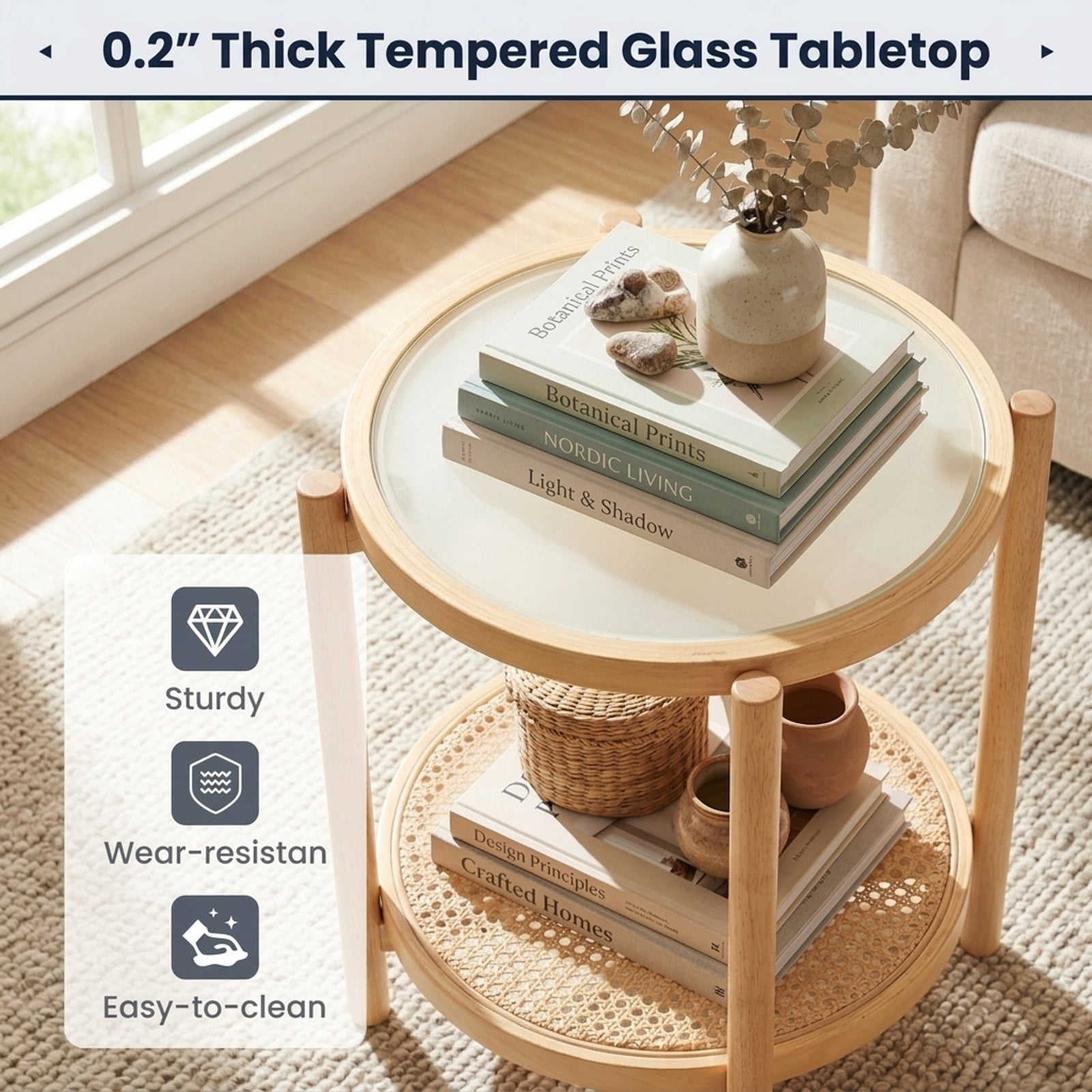 Furnibear Round Side Table 2 Tier Boho End Table with Tempered Glass Top and Woven Rattan Shelf on Acacia Wood Legs for Living Room, Natural
