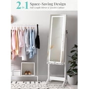 Luxfurni Standing Jewelry Armoire with LED Lights Full-Length Mirror with Jewelry Storage White Finish