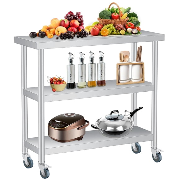 Stainless Steel Work Table , 3-Shelf Commercial Food Prep Table, Rust-Proof Utility Table for Kitchen, Restaurant, Garage – Indoor/Outdoor Use