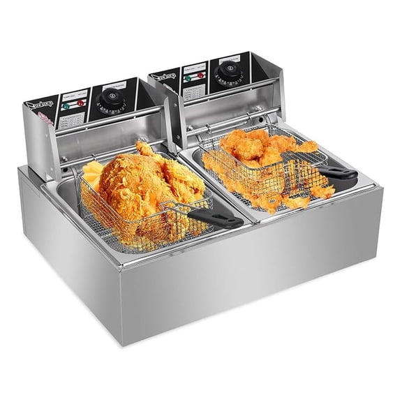 5000W Fast-Heating Deep Fryer With Basket | 25.4QT Double Electric Fryer, Adjustable Temp 140-392°F, Countertop Oil Fryer for Restaurant & Home Use, Stainless Steel