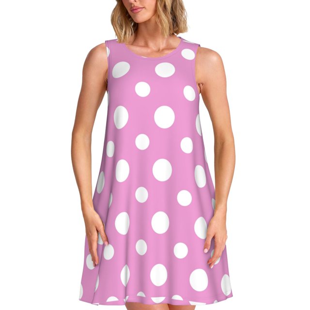 Balery Purple And White Polka Dot Vestidos de verano para mujer con estampado: vestido holgado sin mangas, vestido playero informal y cómodo para días calurosos.