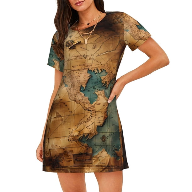 Easygdp Antique Map Adventure Scene Camisón de manga corta para mujer, informal, estampado