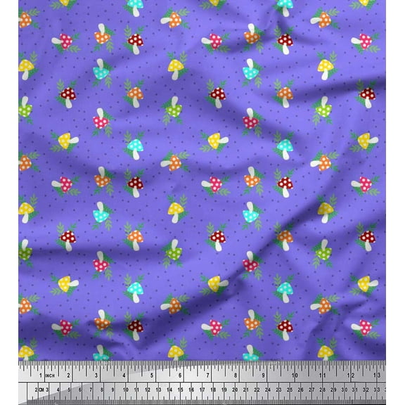 Soimoi Purple polyester Crepe Fabric Dot,Leaves & Mushroom Vegetable Print Fabric by the Yard 42 Inch Wide