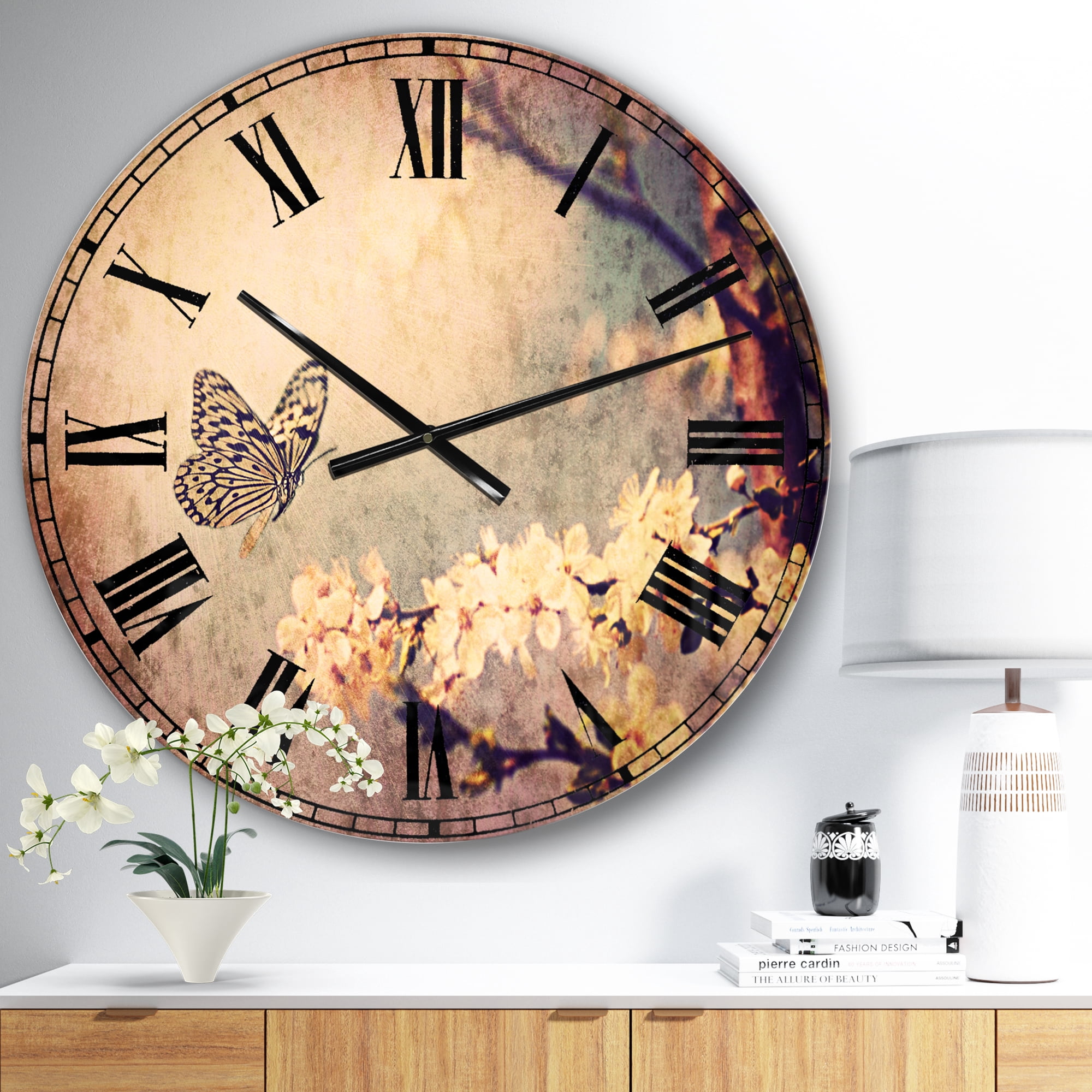 Designart 'Vintage Butterfly and Cherry Tree' Traditional wall clock