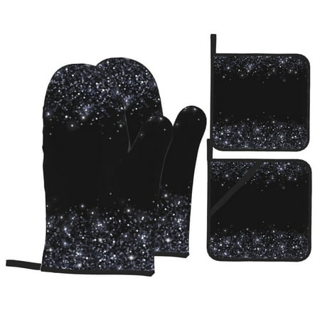 

Oven Mitts and Pot Holders Sets 4 pcs - Black Silver Glitter Border Heat Resistant Silicone Oven Gloves with Non-Slip Silicone Surface and hot pads for kitchen Baking Cooking BBQ