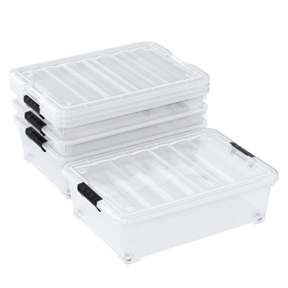 Knifefish 25 Quart Clear Under Bed Storage Container with Wheels, 4 Packs Stackable Plastic Underbed Bin with Lid