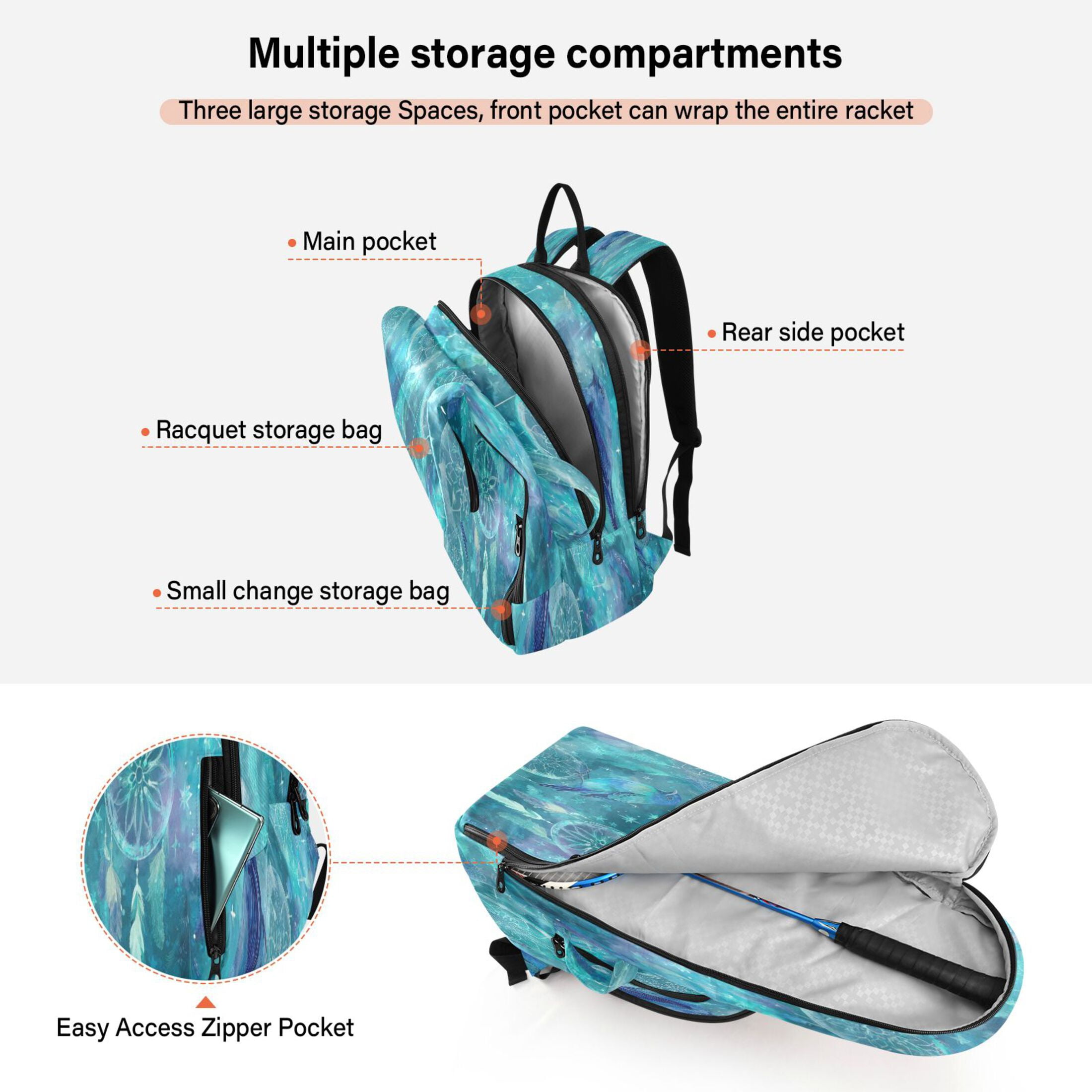 2 Racquet Holder Tennis Backpack Tennis Racket Covers Gym Bags Dreamcatchers and Birds