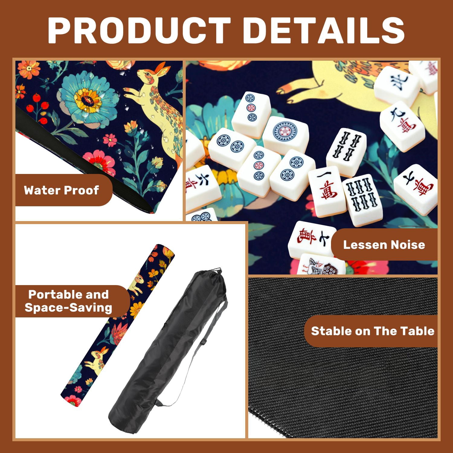 Mahjong Mat 31.5" x 31.5" Colorful Birds Floral Dark Non-Slip Noise Reduction American Mahjong Tiles Table Cover for Dominoes Poker Card Board Games Gift