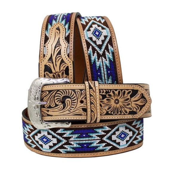 42 Western 2" Wide Floral Tooled Beaded Inlay Genuine Leather Belt 26FK33U2