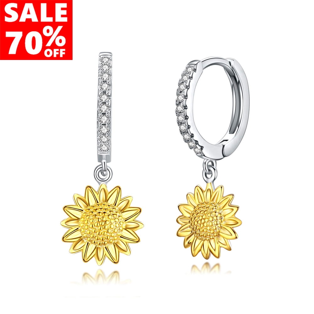 925 Sterling Silver Zircon Sunflower Ear Stud Drop Earrings Jewelry For Women